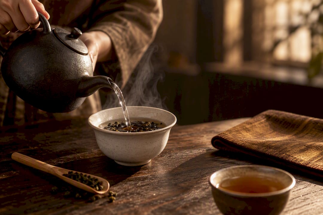 Mãos preparando chá oolong em um recipiente de cerâmica