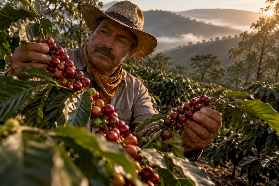 Productor eligiendo cerezas de café Pacamara