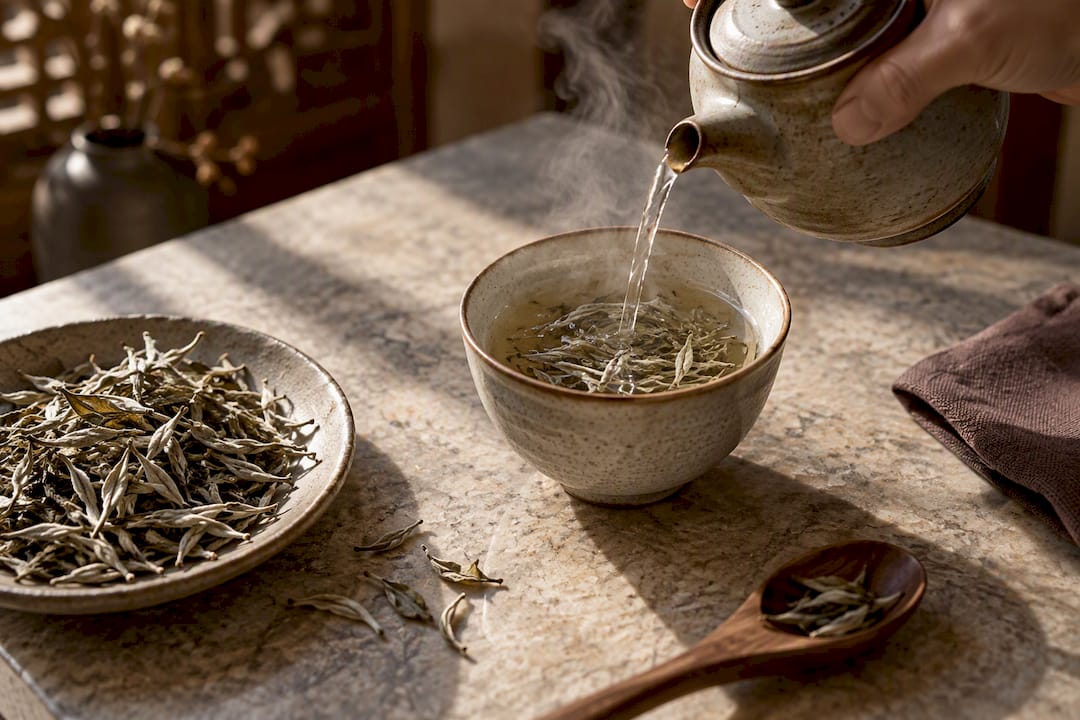 Elaboración artesanal de té blanco con hojas plateadas
