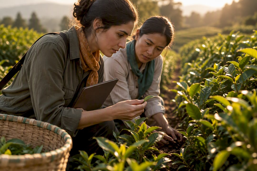 Auditora revisando una plantación de té sostenible
