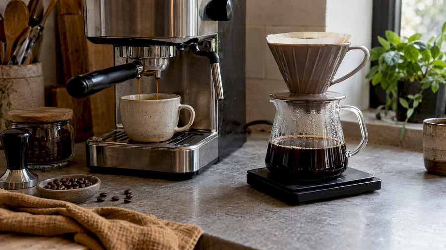 Café filtre et espresso côte à côte