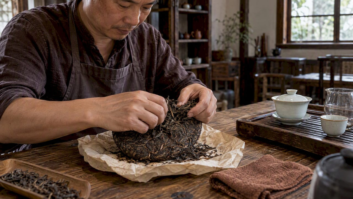 Bolo de chá puerh aberto em Yunnan