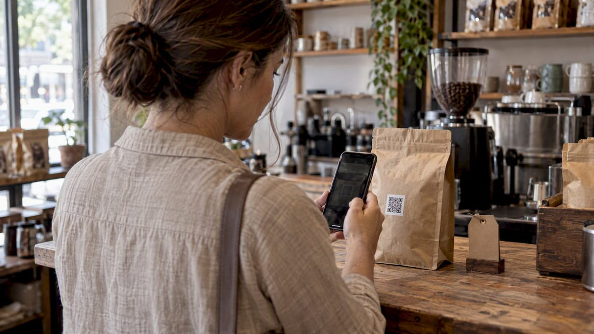 Compradora verifica el café con código QR