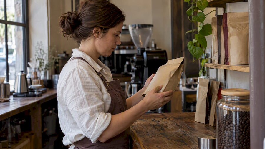 Compradora checando informações sobre o café