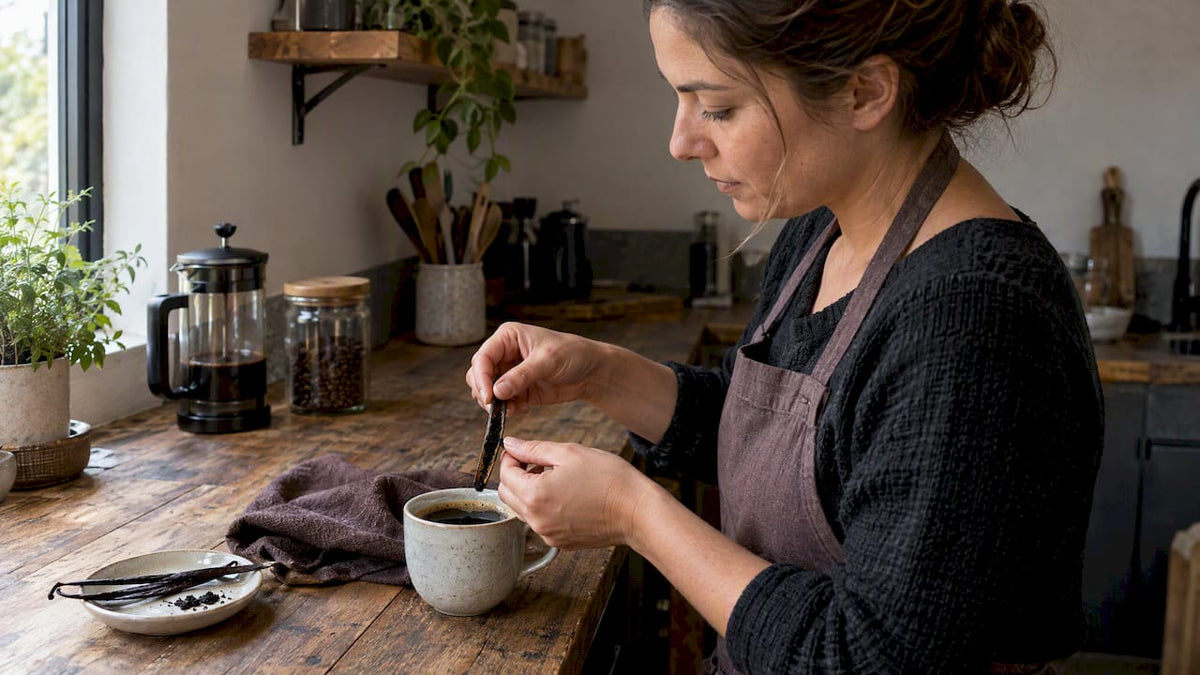 Vaina de vainilla sobre café recién hecho