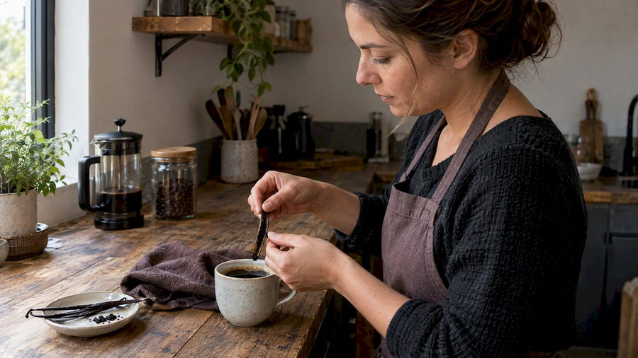 Vaina de vainilla sobre café recién hecho