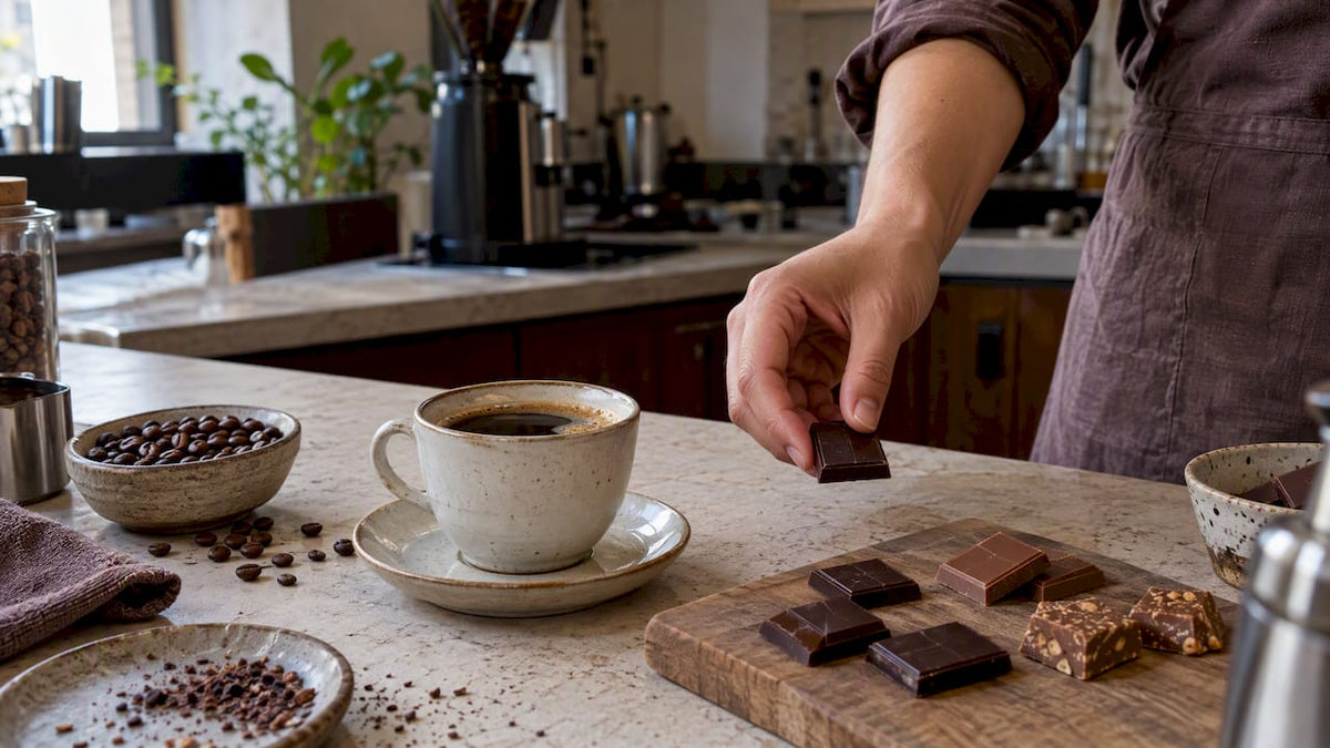Tasse de café entourée de morceaux de chocolat