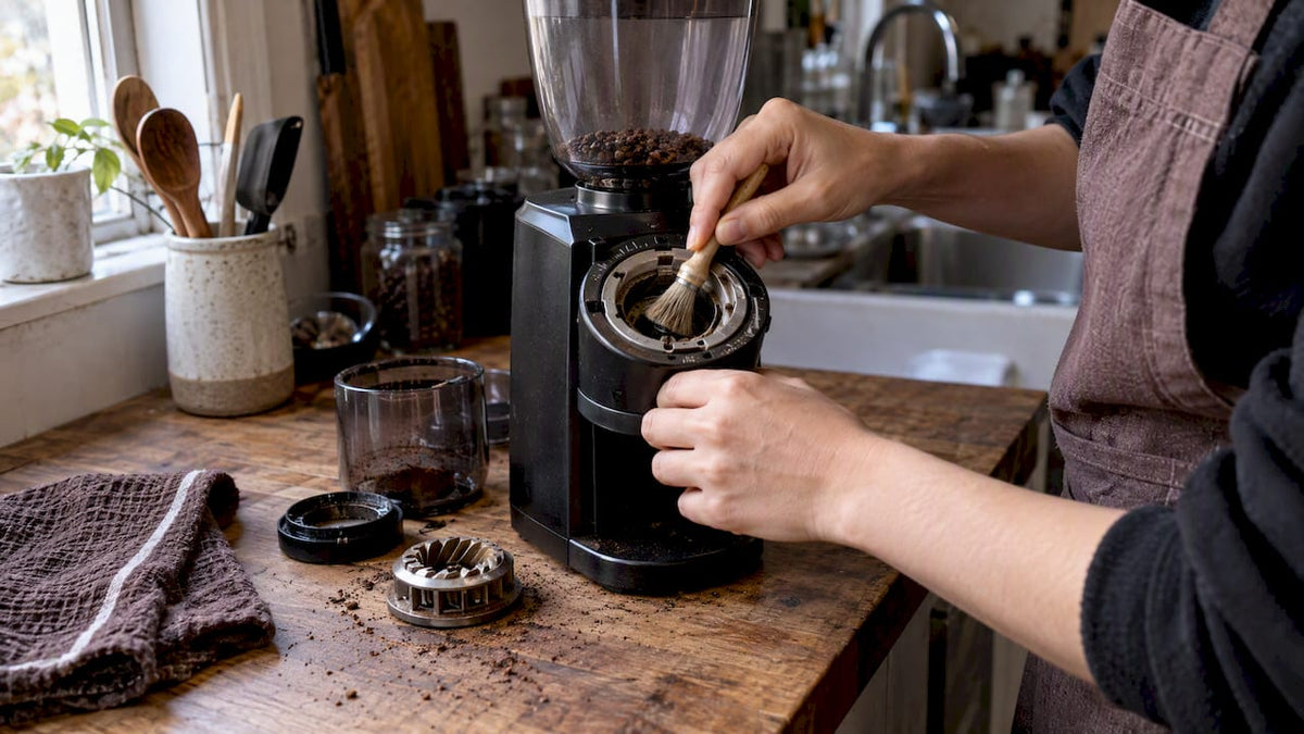 Molinillo de café abierto mientras se realiza mantenimiento
