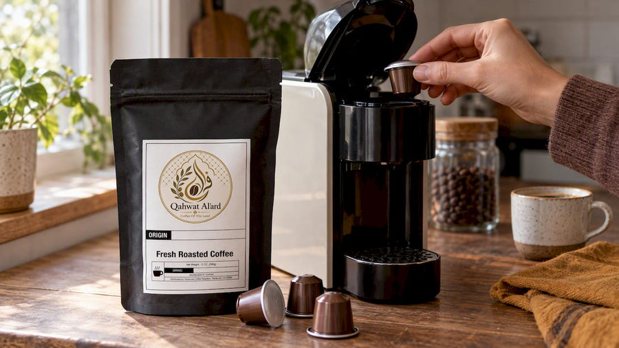 Boîte de capsules à côté d'une machine à café