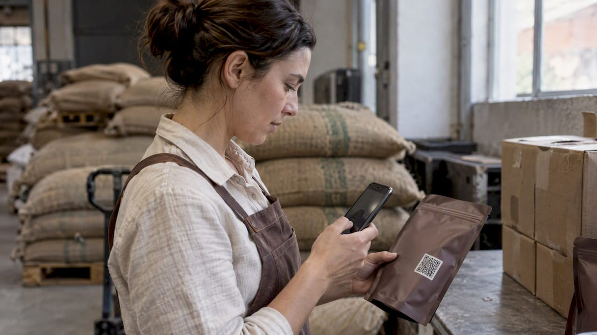 Compradora escaneia o QR code do lote de café
