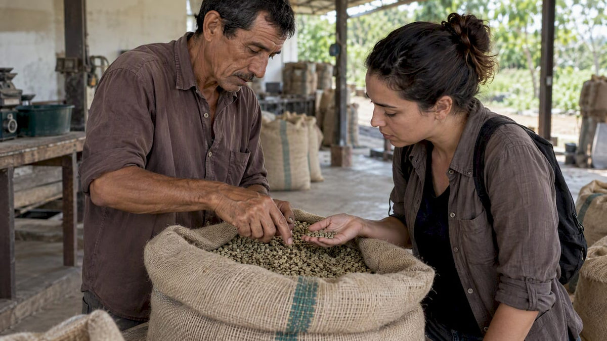 El productor y el comprador inspeccionan un lote de café