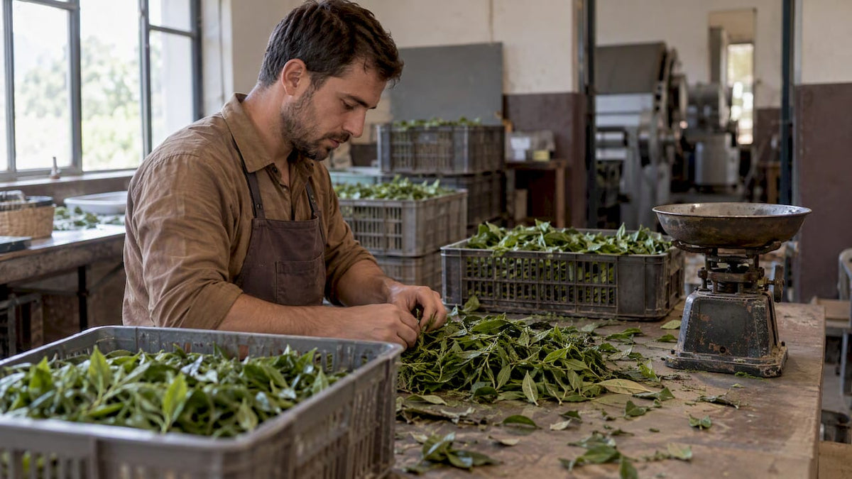 Tri des feuilles de thé à leur arrivée