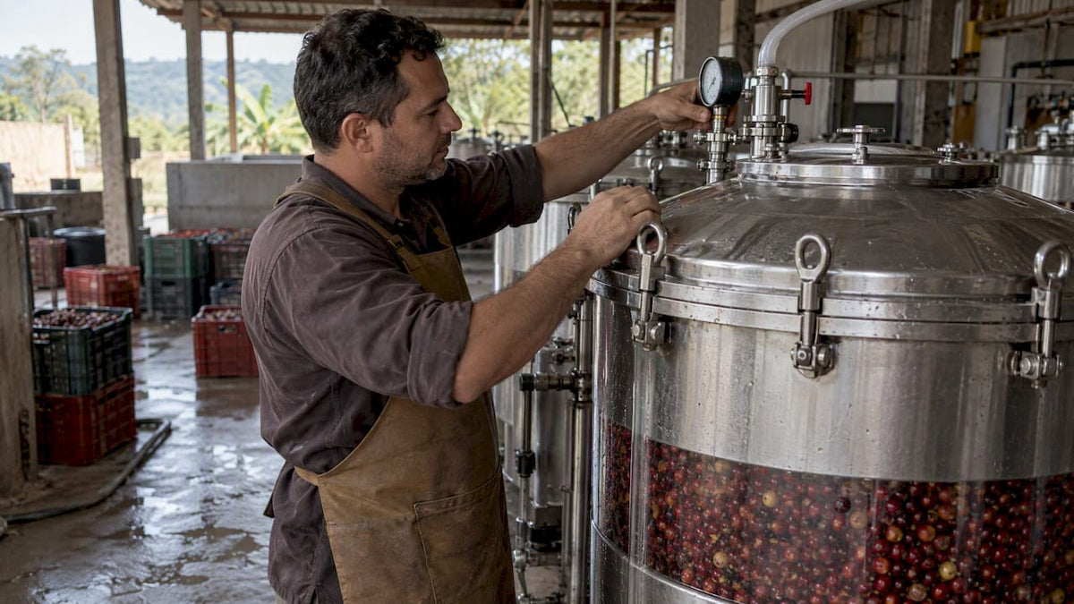 Operador confere tanque fechado de cerejas de café