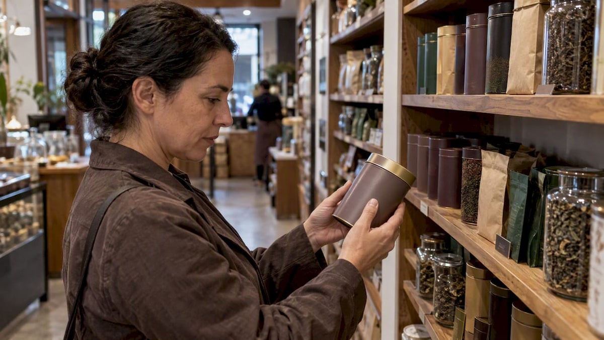 Una compradora chequea los sellos de un té