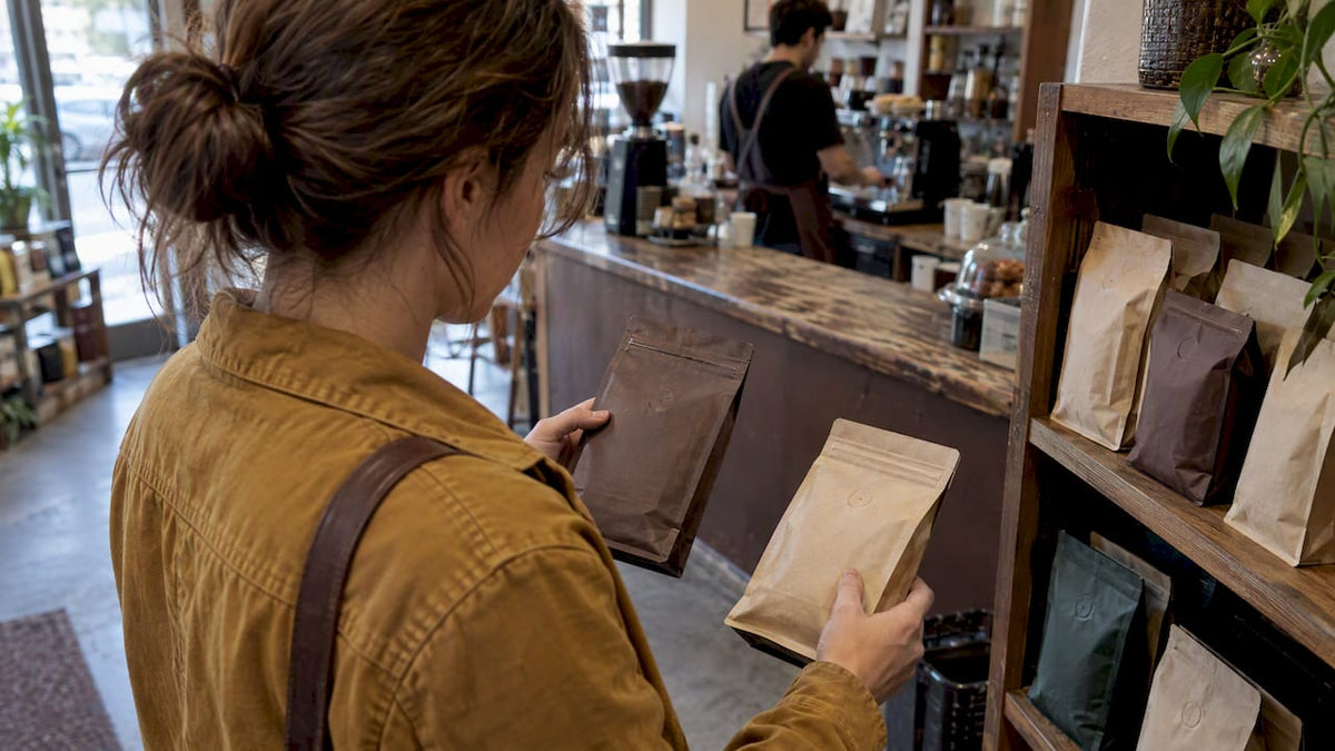 Une cliente qui compare deux paquets de café
