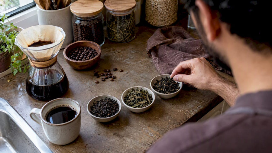 Une main cueille des feuilles de thé à côté du café