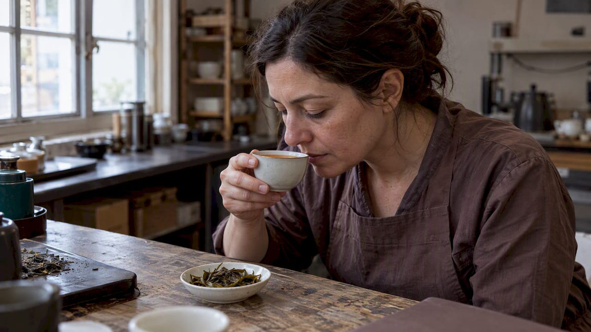 Expert dégustant un thé infusé en atelier