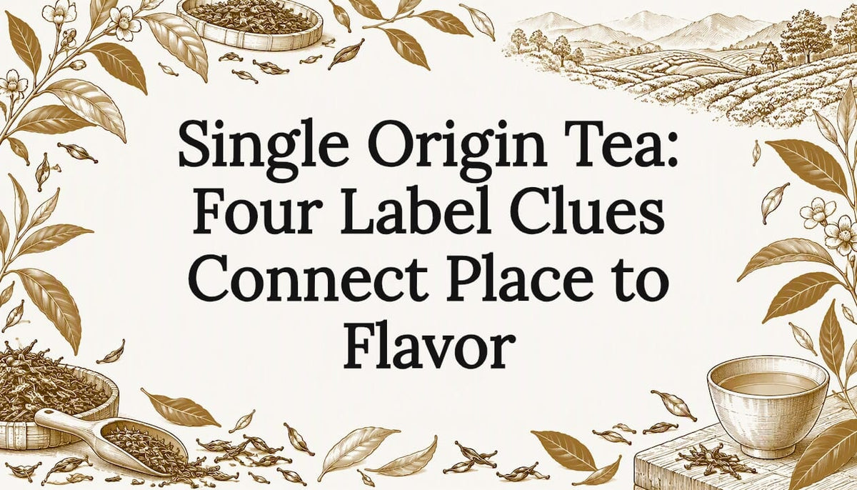 Hand-drawn tea leaves and landscape title card