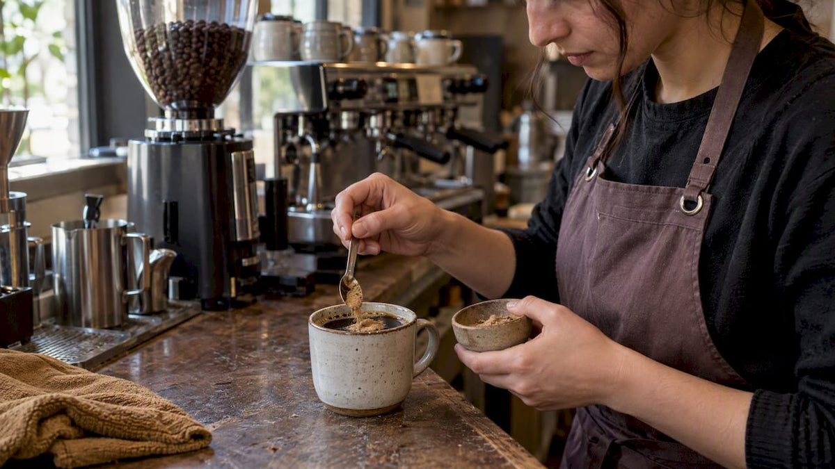Polvo de cordyceps añadido a una taza de café