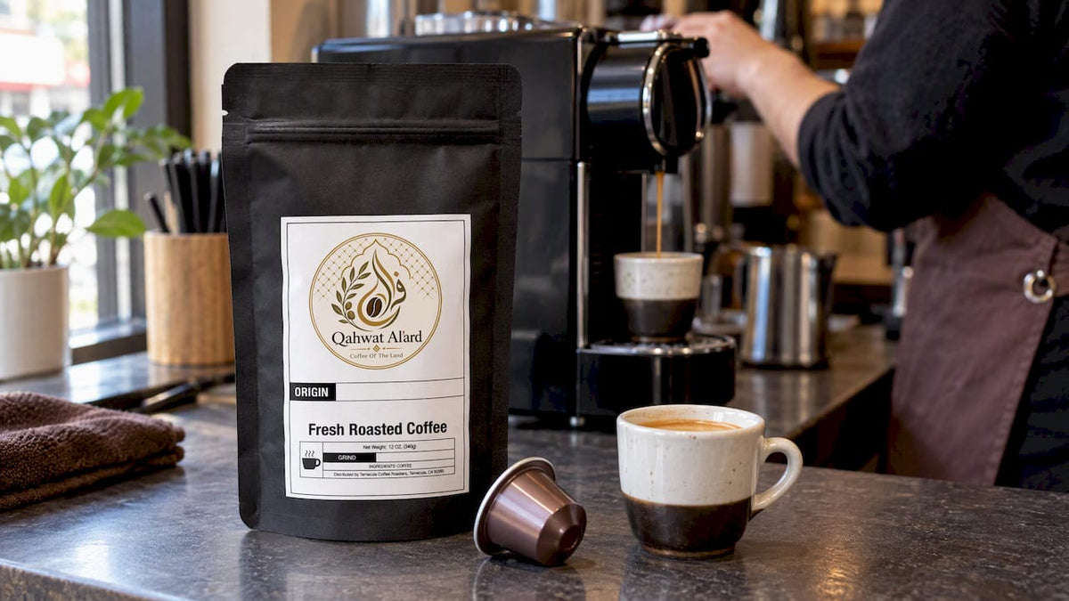 Cápsulas de café ao lado de um espresso