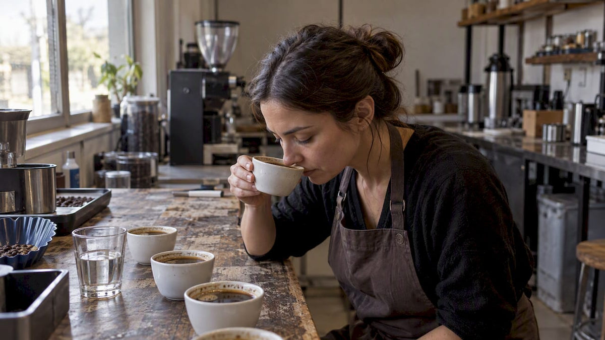 Dégustatrice sentant l'arôme d'une tasse de café fraîchement préparé