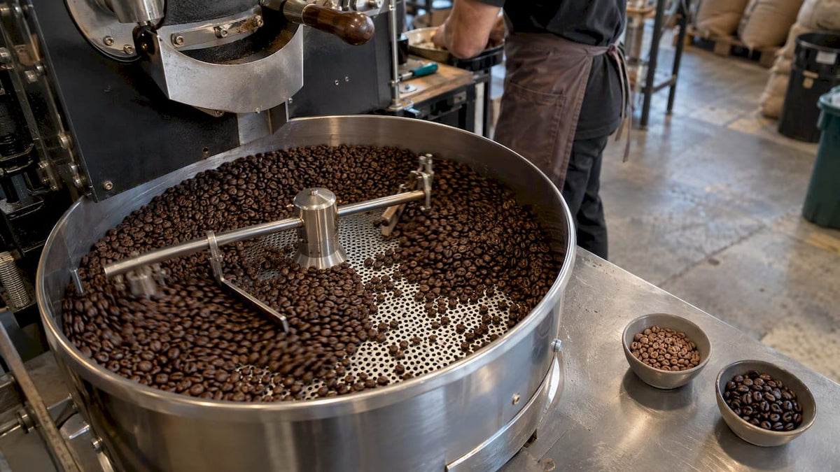 Grains de café clairs et foncés à côté du torréfacteur