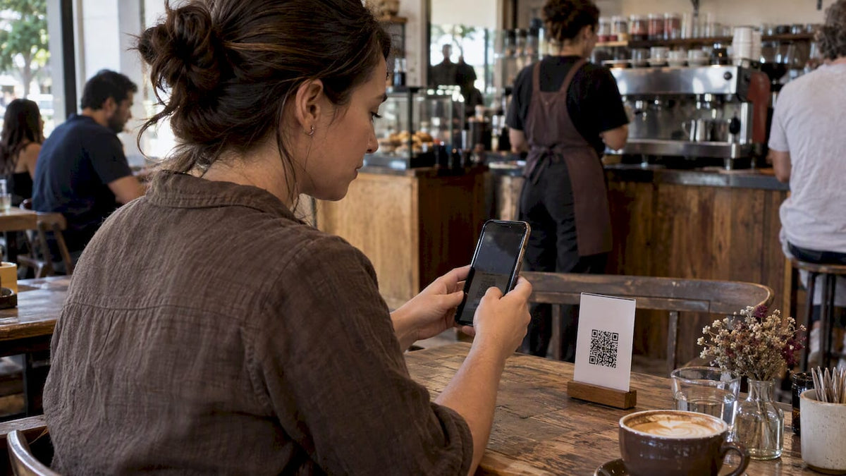 Cliente escaneia o QR code em uma mesa de cafeteria