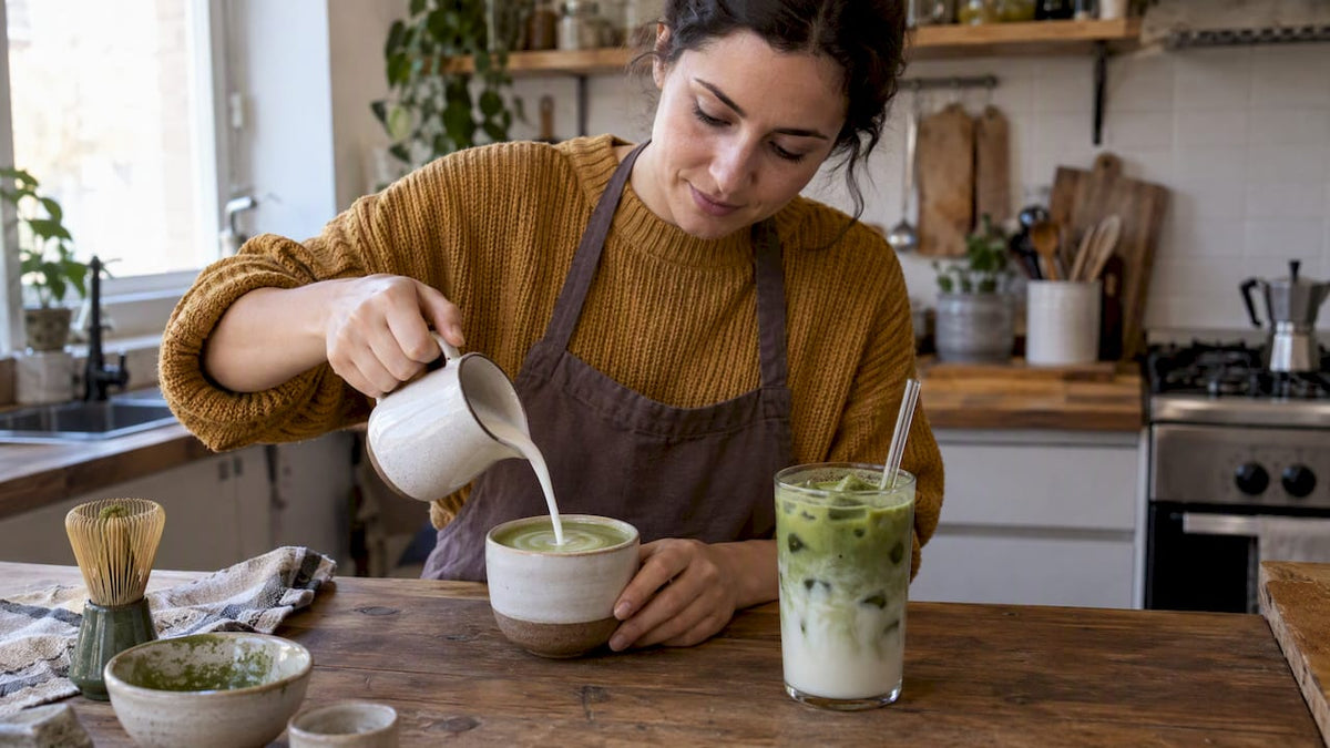 Matcha latte recién hecho, caliente y frío