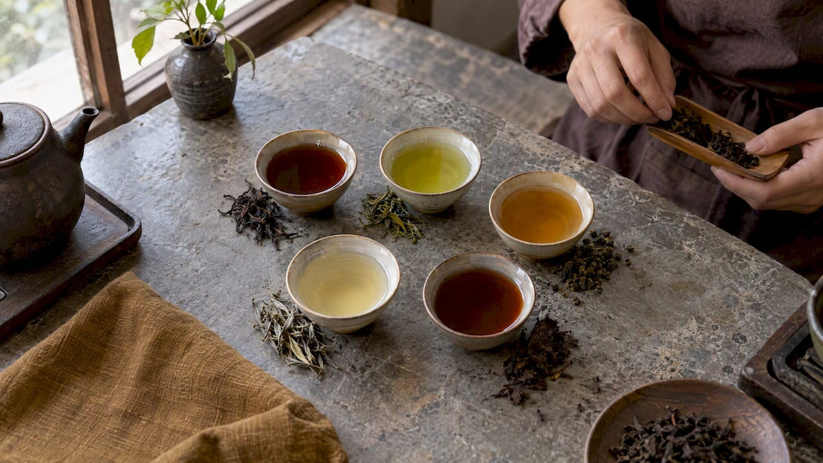 Cinco tazas con diferentes variedades de té