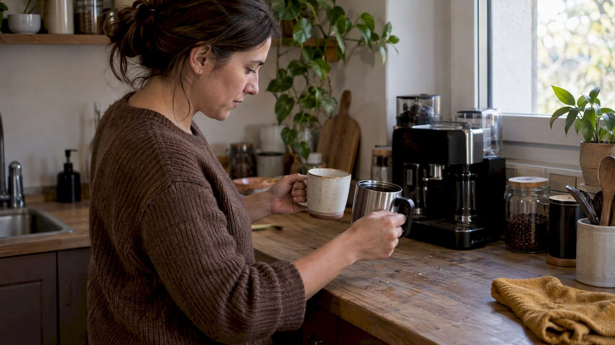 Tasses en céramique versus acier affichées sur un comptoir
