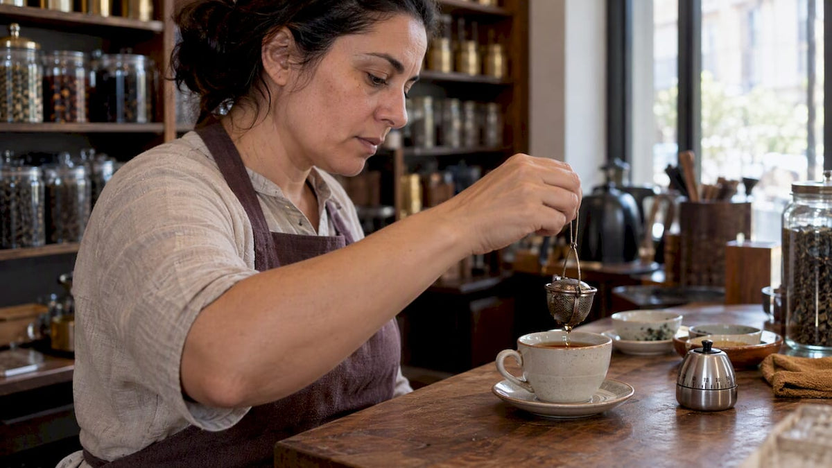 A degustadora retira o infusor de uma xícara de chá