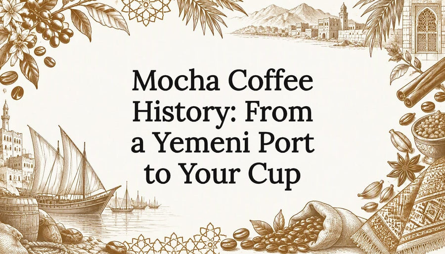 Hand-drawn coffee and port title-card illustration