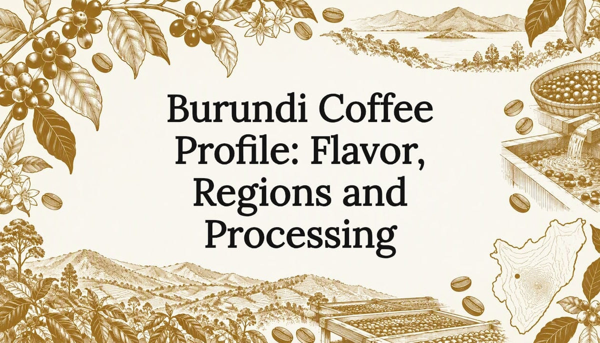Burundi coffee title card with botanical sketches