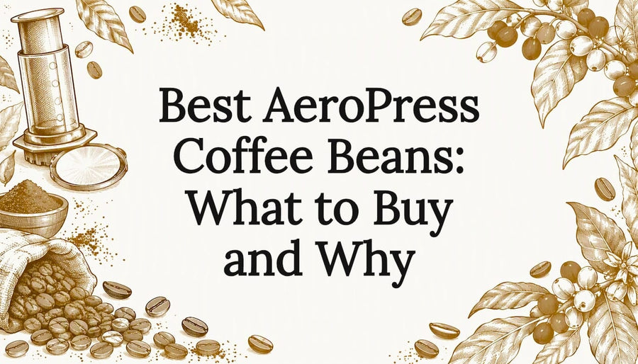 AeroPress and coffee botanicals frame the title