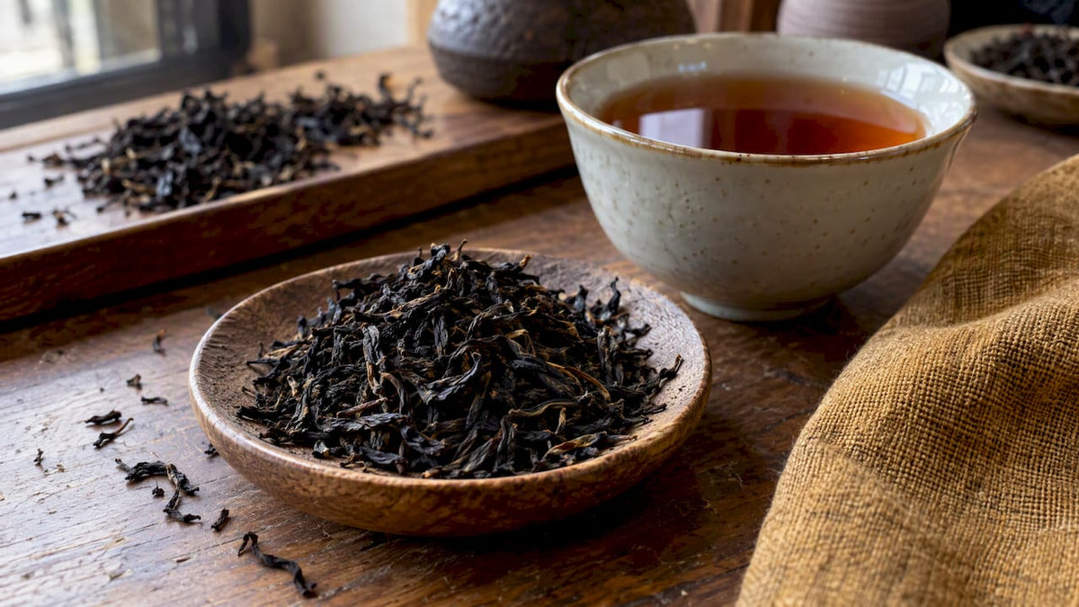 Chá preto em folhas soltas com infusão de tom âmbar