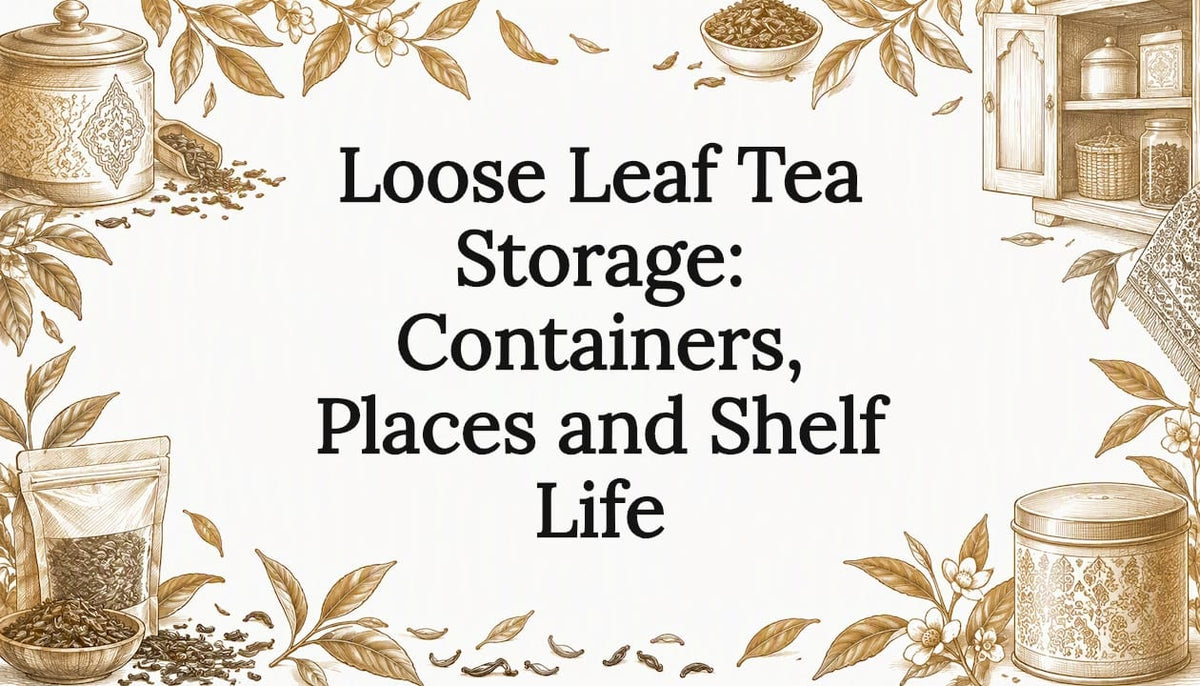 Tea canister and leaves framing title space
