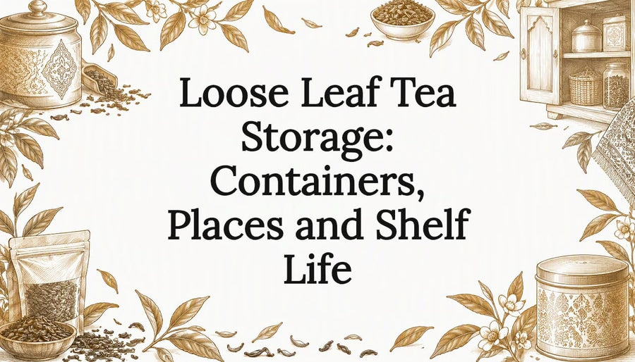 Tea canister and leaves framing title space