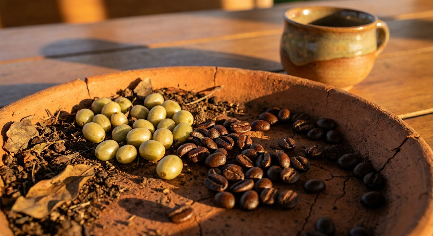 Raw green coffee cherries and roasted beans arranged on a weathered terracotta surface beside a blurred ceramic cup, bathed in warm earthy light.