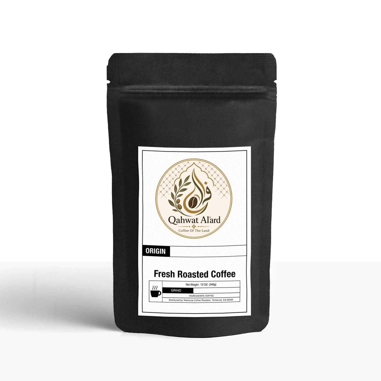Black coffee bag with a white label featuring 'Qahwet Alard' on a white background
